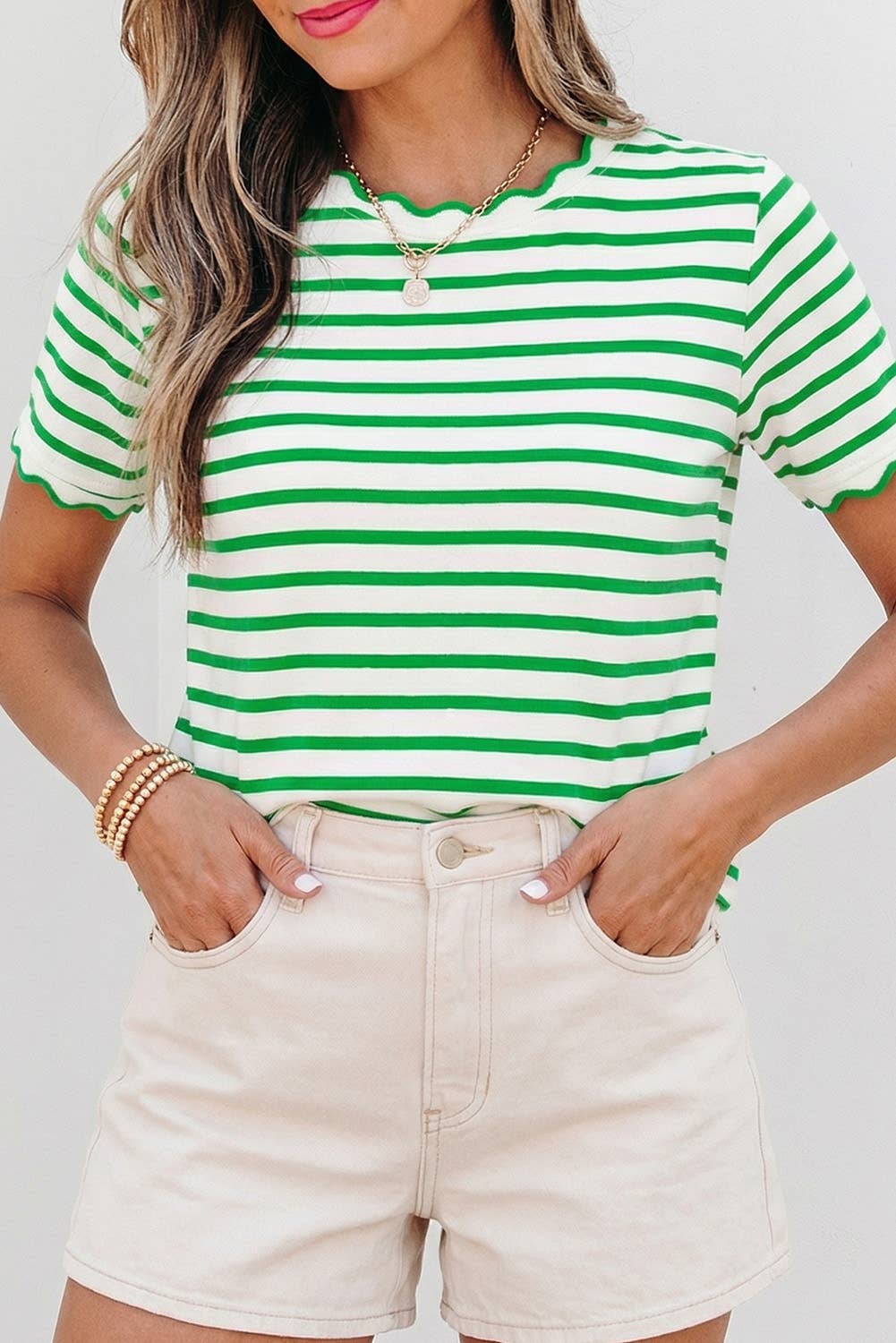 Stripe Scalloped Trim Round Neck T Shirt | S-XL Plus 1X-4X