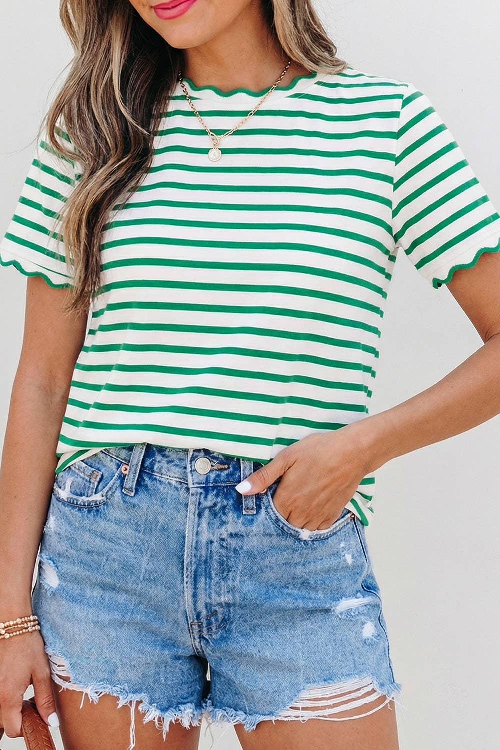 Stripe Scalloped Trim Round Neck T Shirt | S-XL Plus 1X-4X