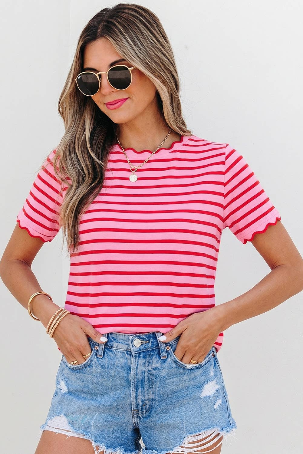Stripe Scalloped Trim Round Neck T Shirt | S-XL Plus 1X-4X