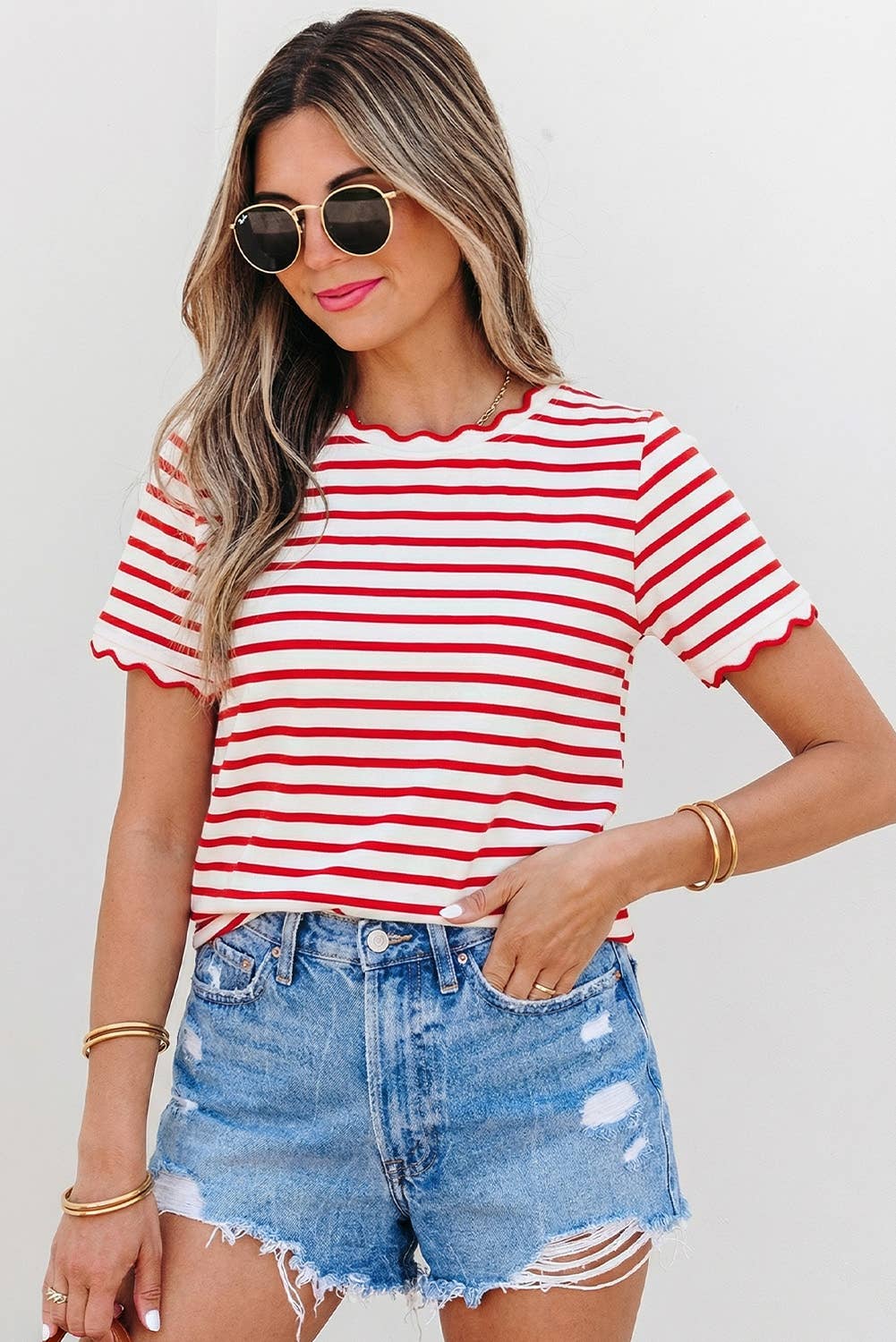 Stripe Scalloped Trim Round Neck T Shirt | S-XL Plus 1X-4X