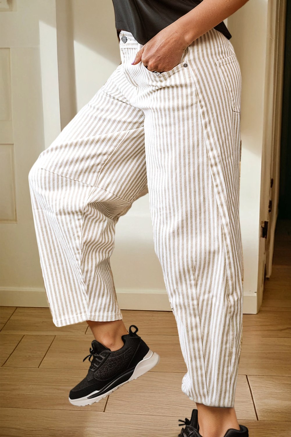 Stripe Casual High Waist Straight Leg Barrel Jeans
