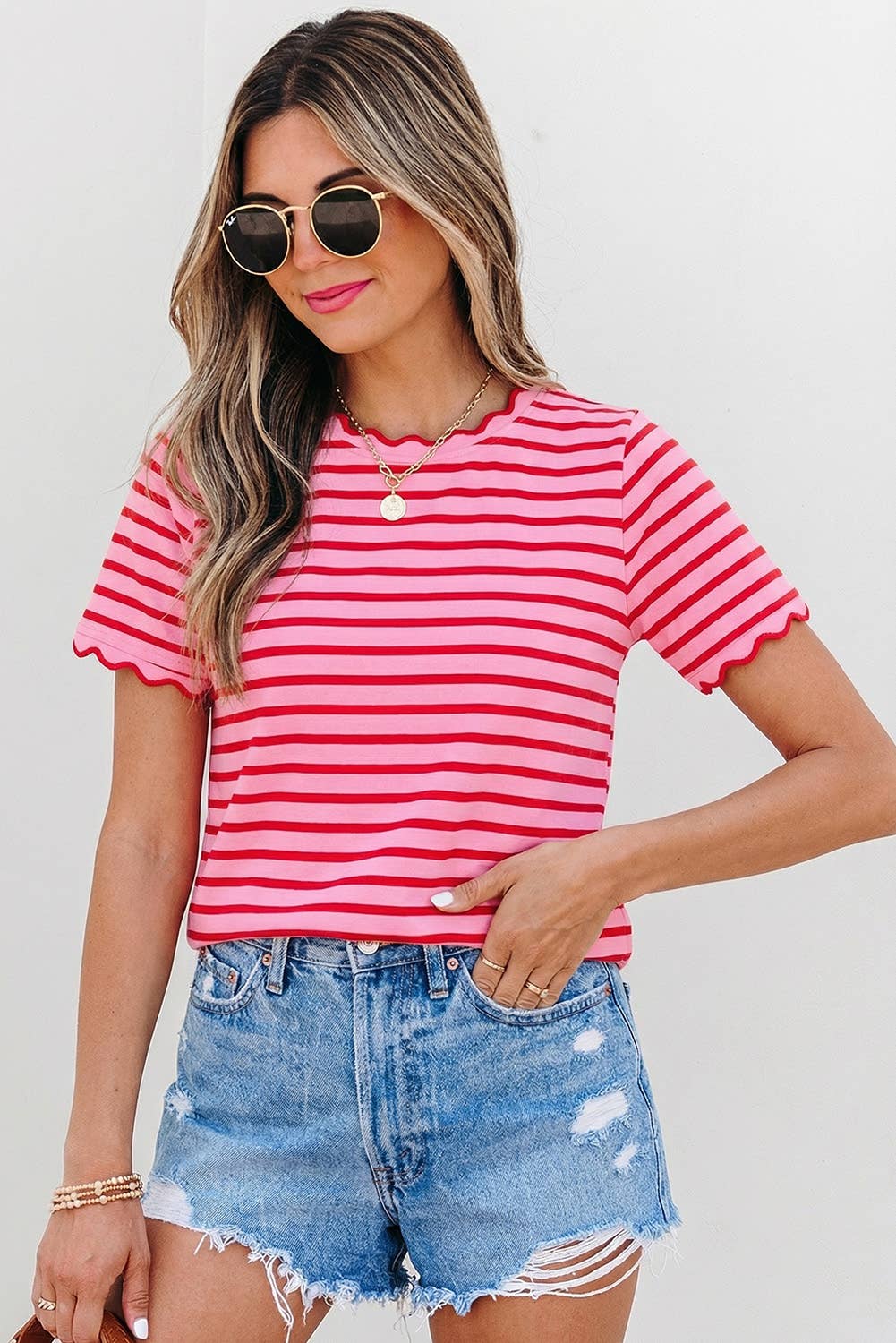 Stripe Scalloped Trim Round Neck T Shirt | S-XL Plus 1X-4X