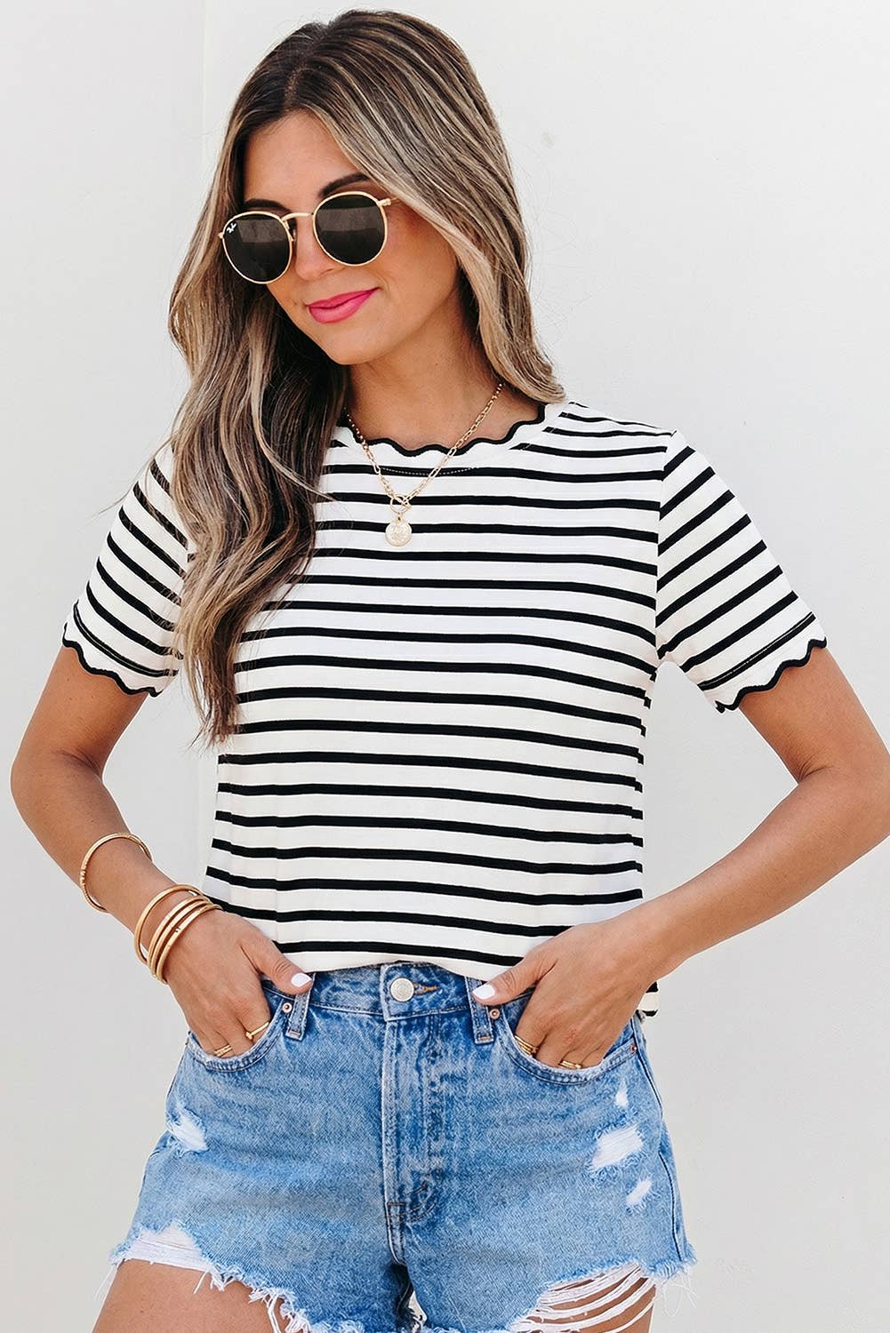 Stripe Scalloped Trim Round Neck T Shirt | S-XL Plus 1X-4X