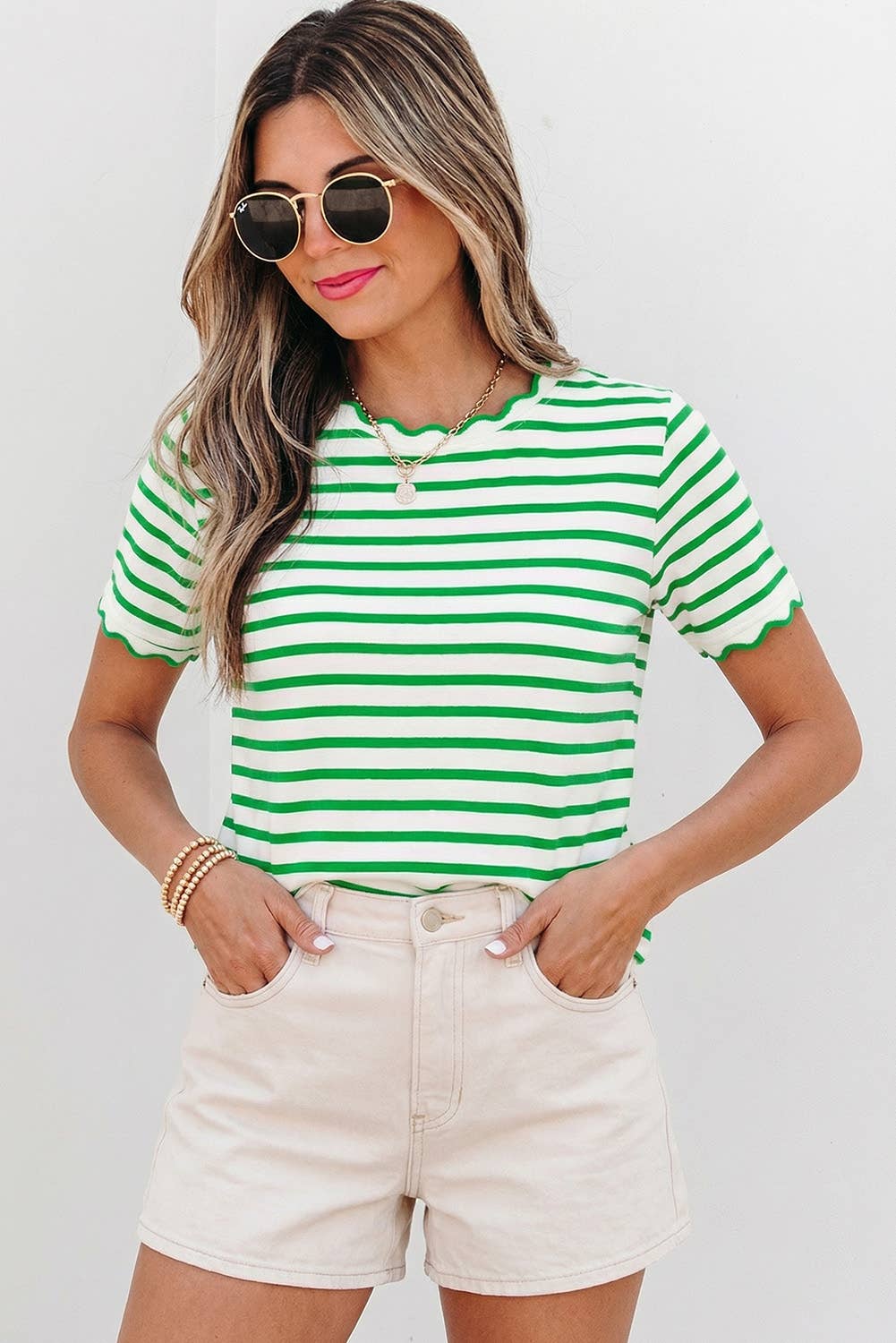 Stripe Scalloped Trim Round Neck T Shirt | S-XL Plus 1X-4X