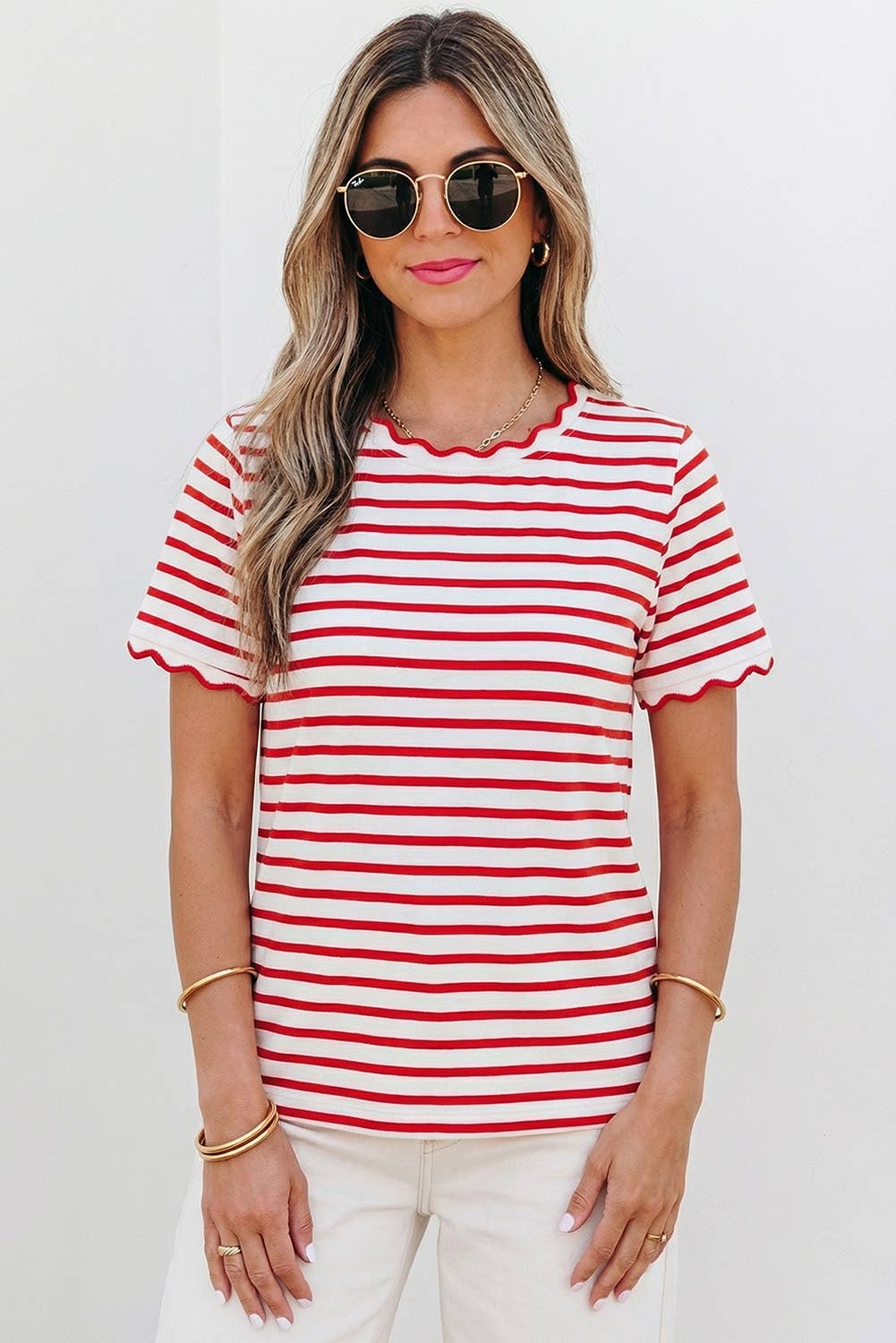 Stripe Scalloped Trim Round Neck T Shirt | S-XL Plus 1X-4X