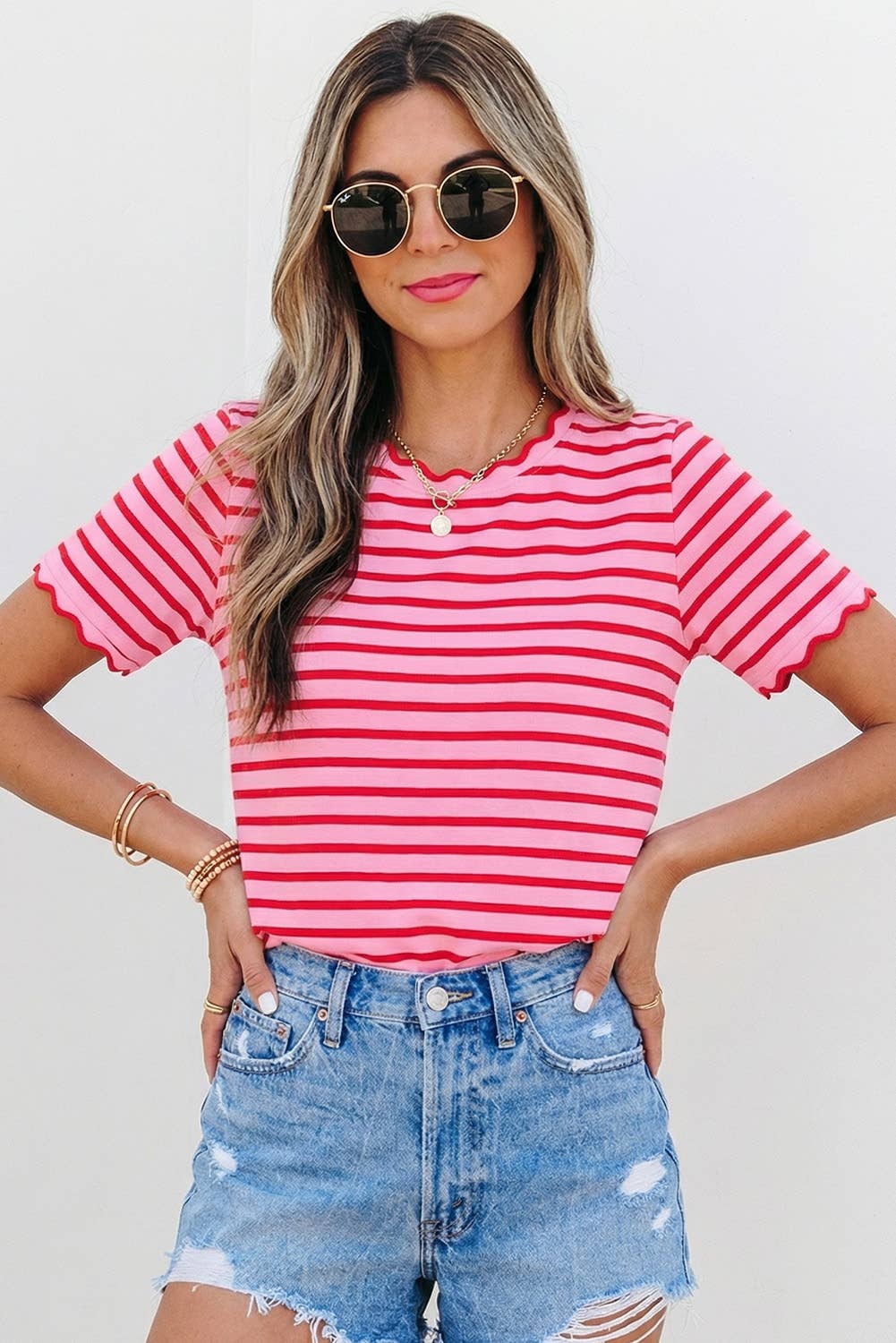 Stripe Scalloped Trim Round Neck T Shirt | S-XL Plus 1X-4X