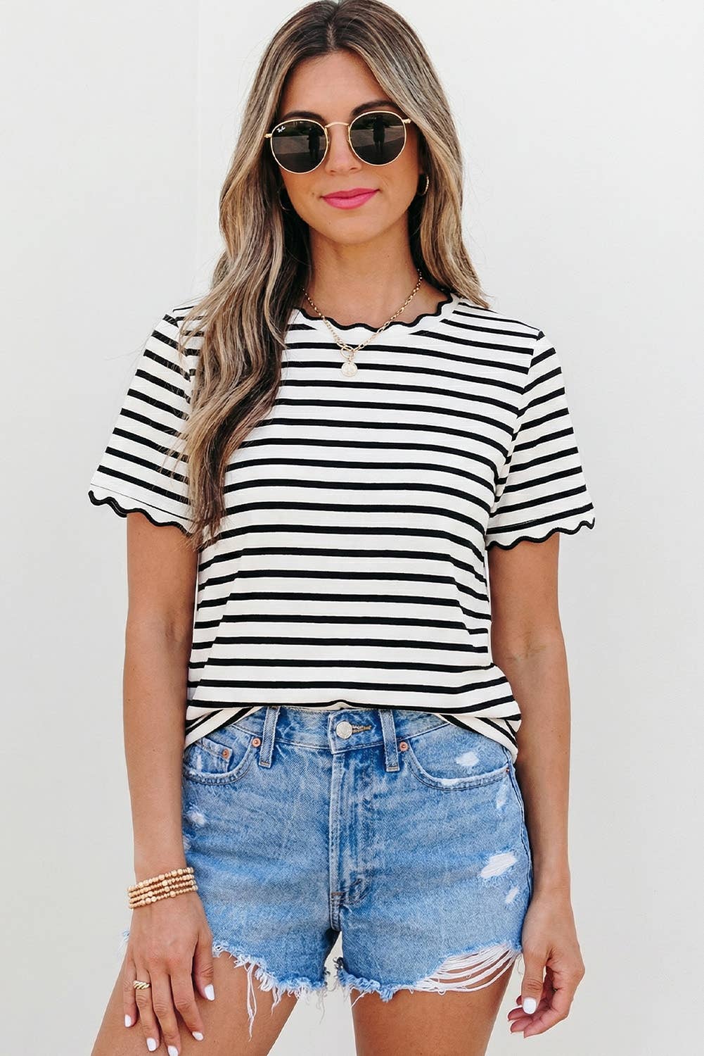 Stripe Scalloped Trim Round Neck T Shirt | S-XL Plus 1X-4X