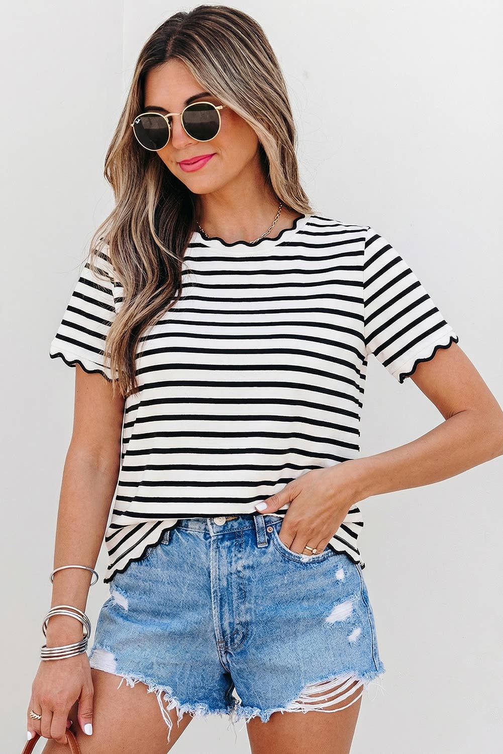 Stripe Scalloped Trim Round Neck T Shirt | S-XL Plus 1X-4X
