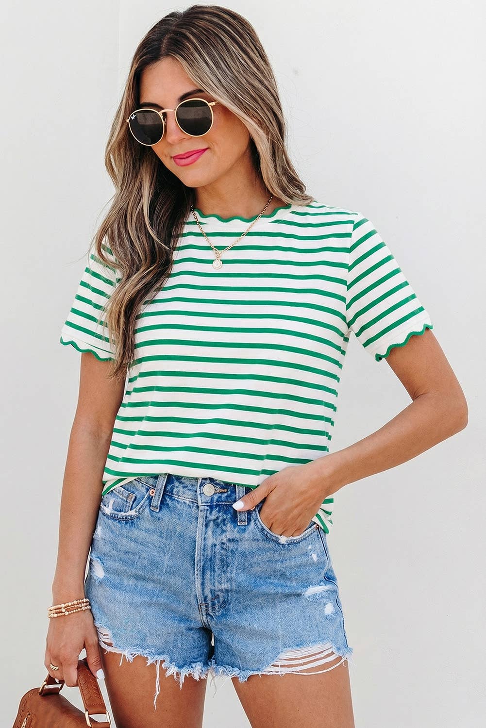 Stripe Scalloped Trim Round Neck T Shirt | S-XL Plus 1X-4X