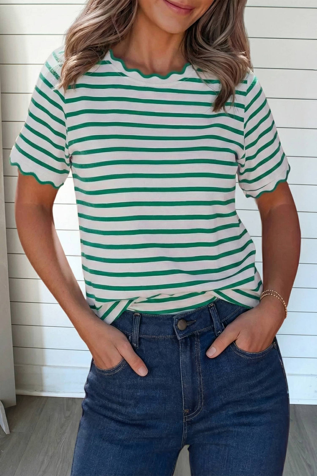 Stripe Scalloped Trim Round Neck T Shirt | S-XL Plus 1X-4X