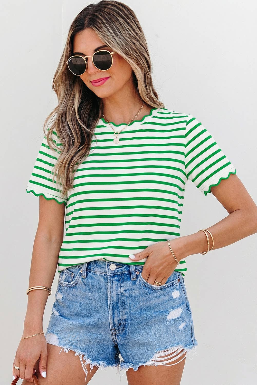Stripe Scalloped Trim Round Neck T Shirt | S-XL Plus 1X-4X