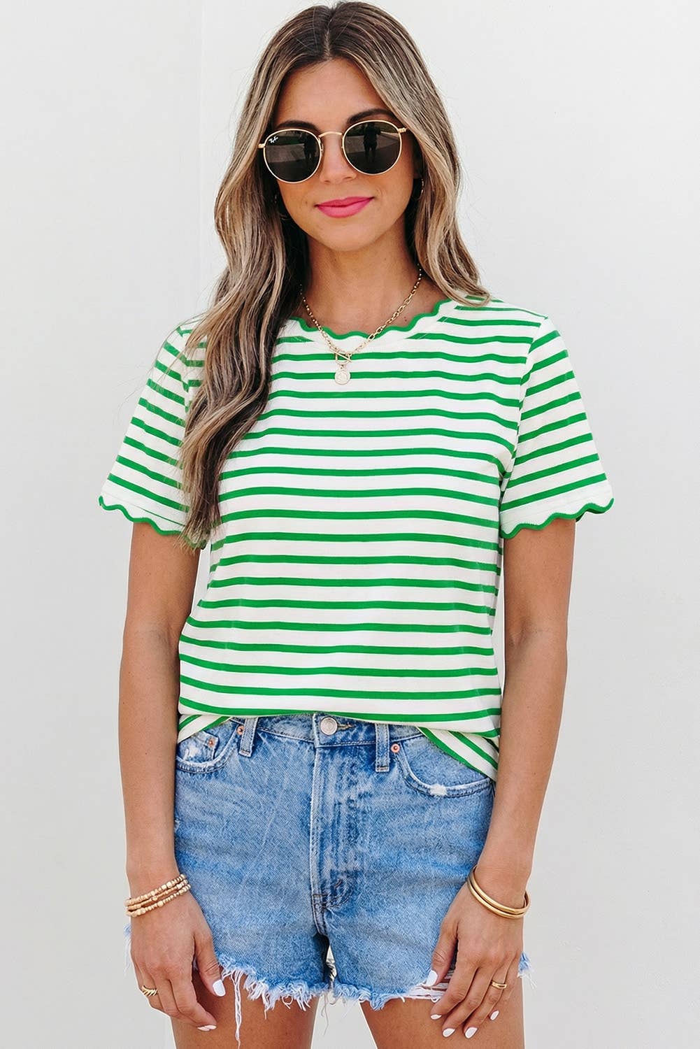 Stripe Scalloped Trim Round Neck T Shirt | S-XL Plus 1X-4X