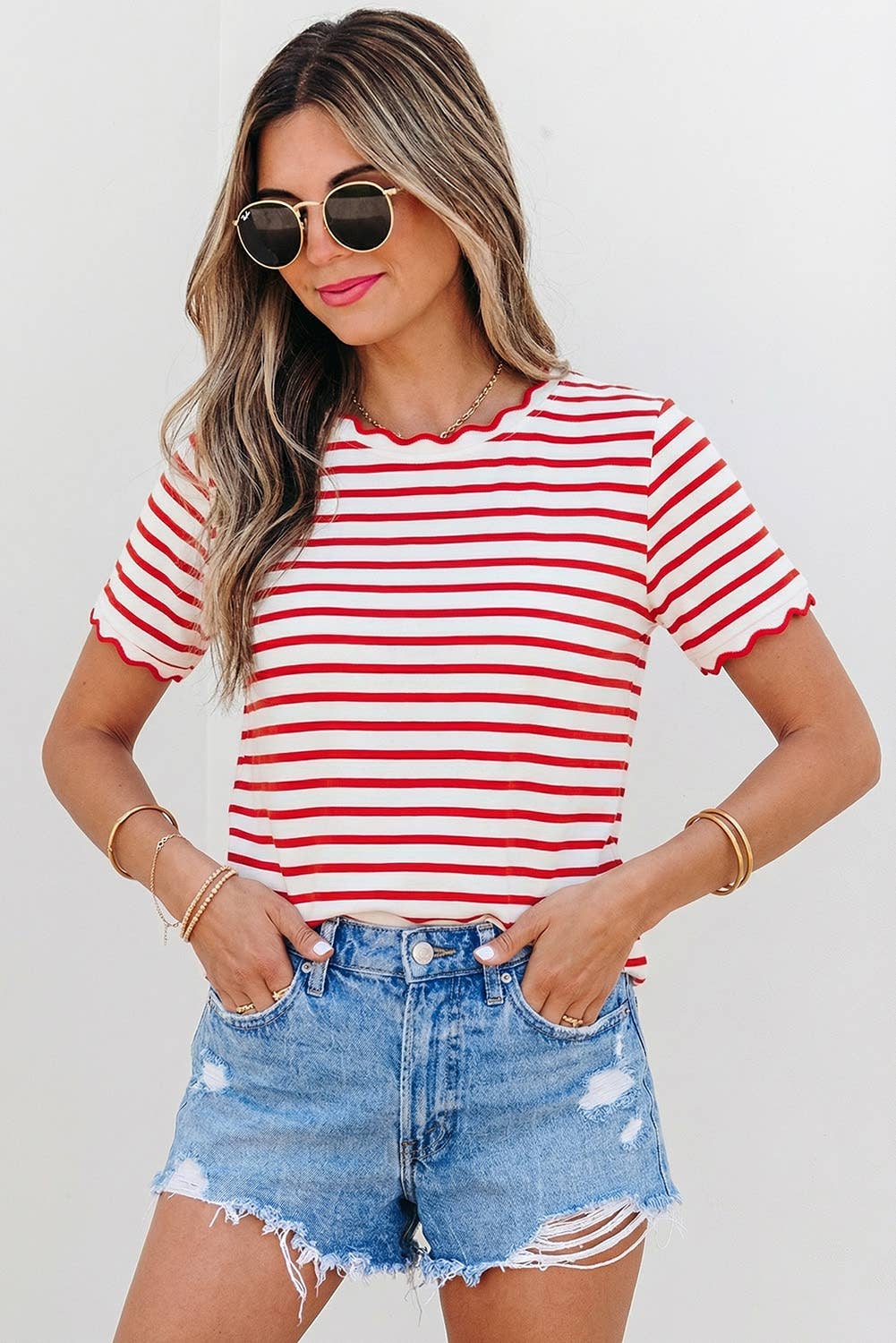 Stripe Scalloped Trim Round Neck T Shirt | S-XL Plus 1X-4X