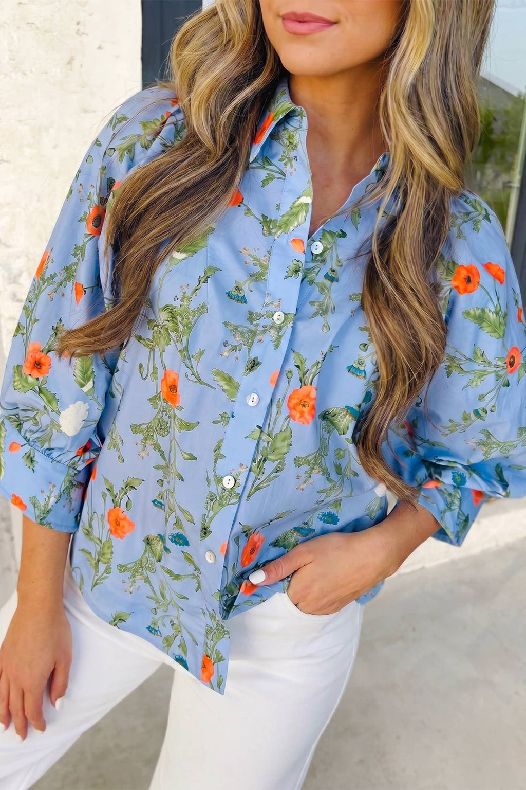 Blue Meadow Button Top