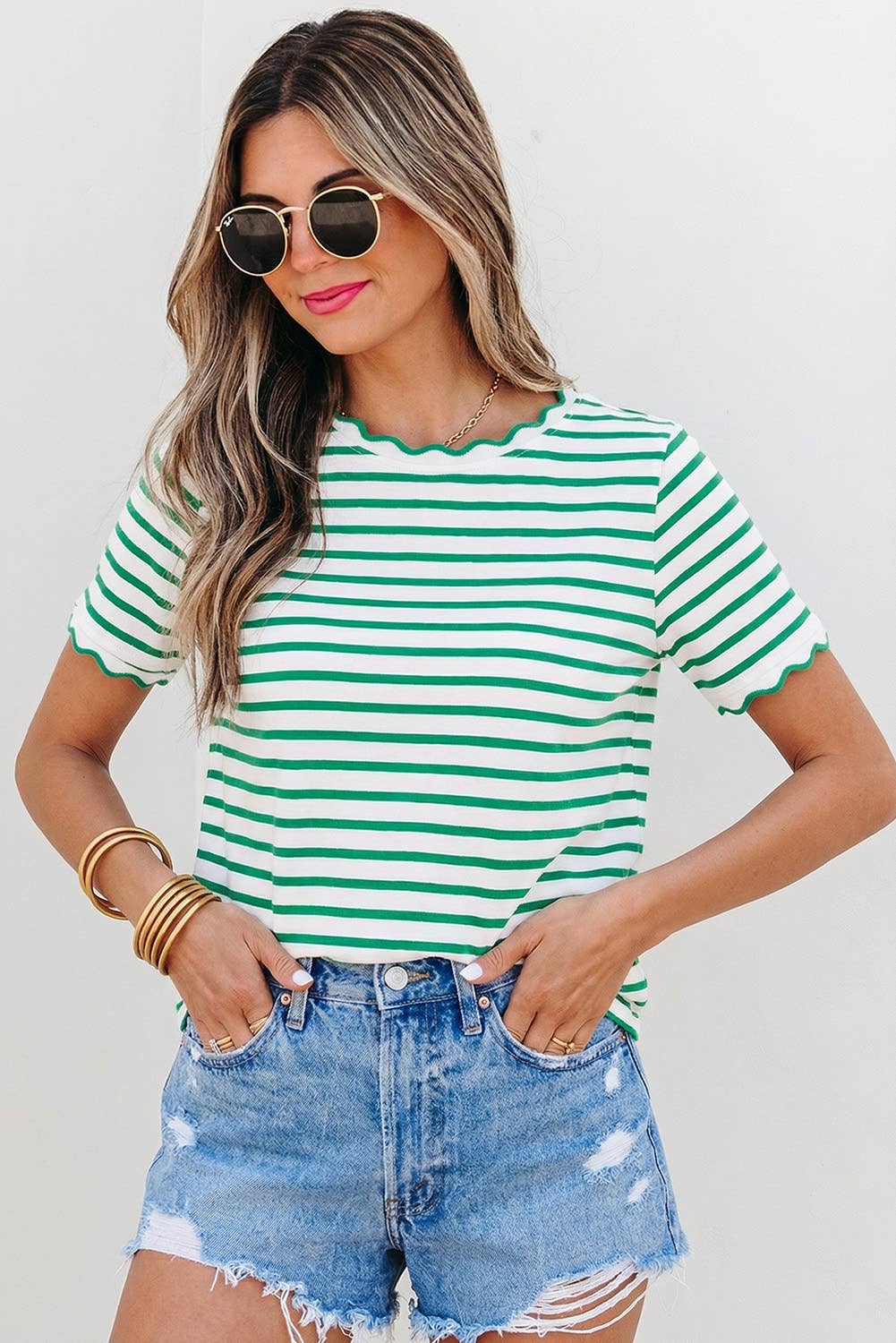 Stripe Scalloped Trim Round Neck T Shirt | S-XL Plus 1X-4X