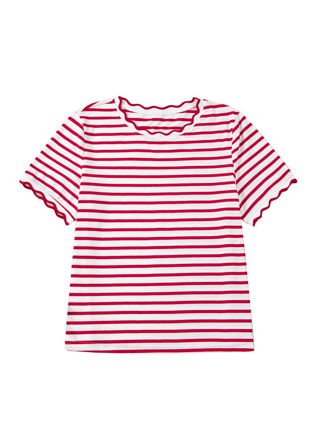 Stripe Scalloped Trim Round Neck T Shirt | S-XL Plus 1X-4X