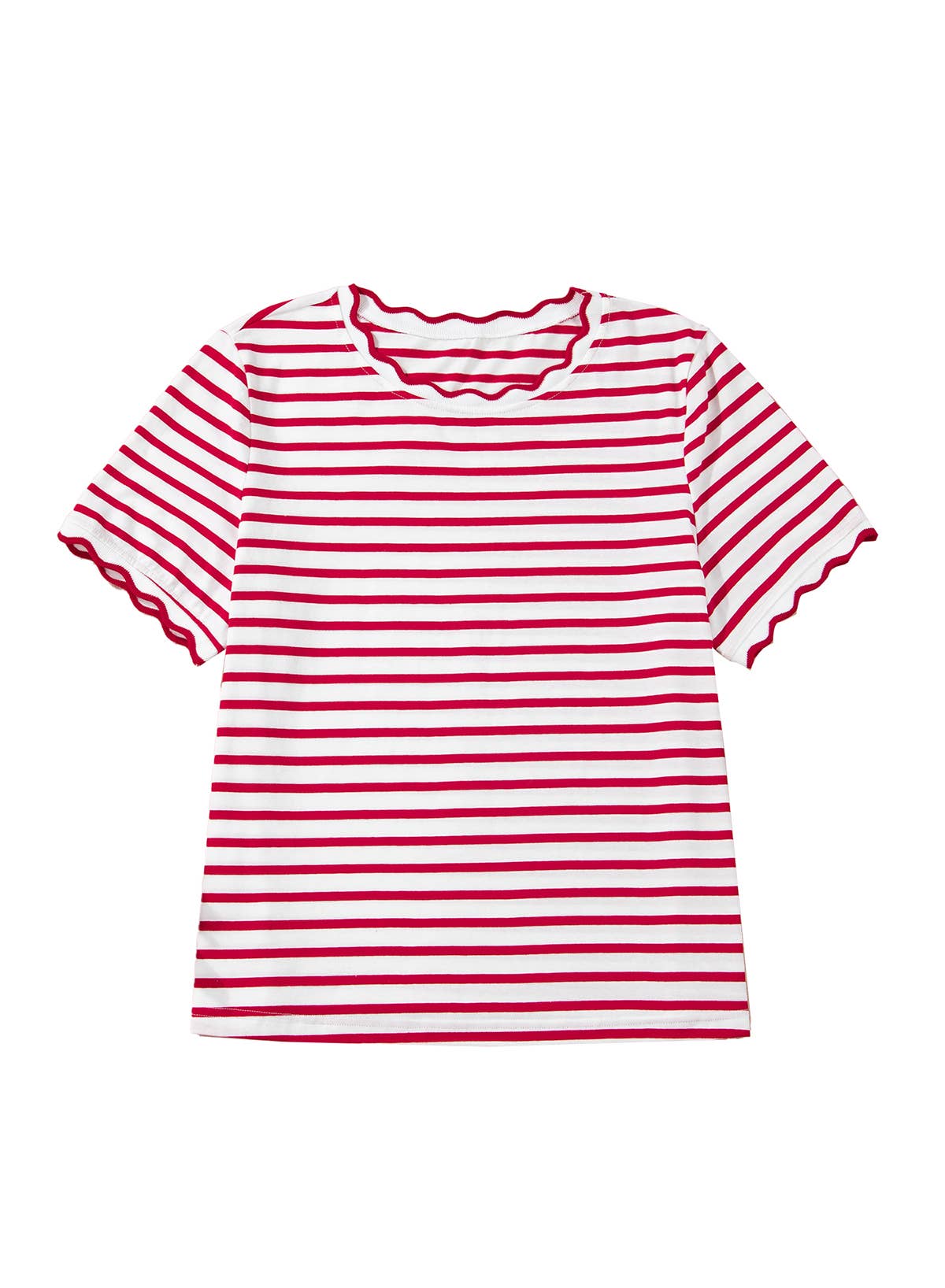 Stripe Scalloped Trim Round Neck T Shirt | S-XL Plus 1X-4X
