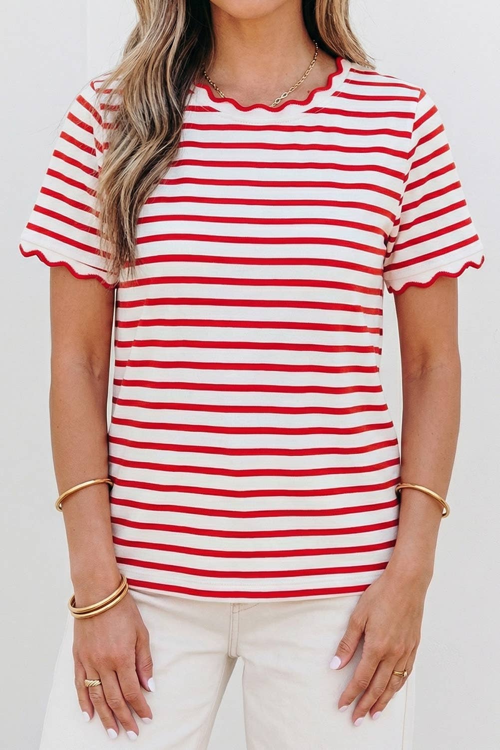 Stripe Scalloped Trim Round Neck T Shirt | S-XL Plus 1X-4X